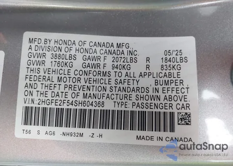 2025 Honda Civic Sport из США, поврежденный, VIN 2HGFE2F54SH604368